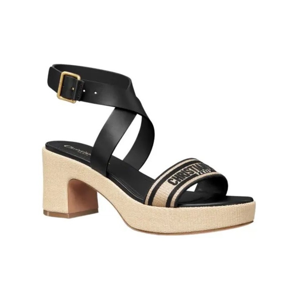 Dior Dway Wedge Sandals Black Leather Embroidered Logo Platform 38.5